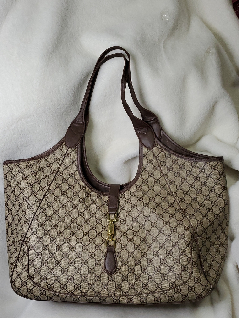 Beige GG Motif Shoulder Bag with Brown Trim and Gold Hardware